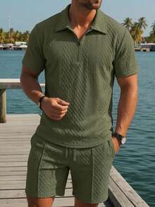 2pcs Men's Military Green Short Sleeve Polo Shirt And Drawstring Waist Shorts Set, Textured Fabric, Breathable And Smooth, Beach Vacation Style, Suitable For Summer - Army Green - View 4