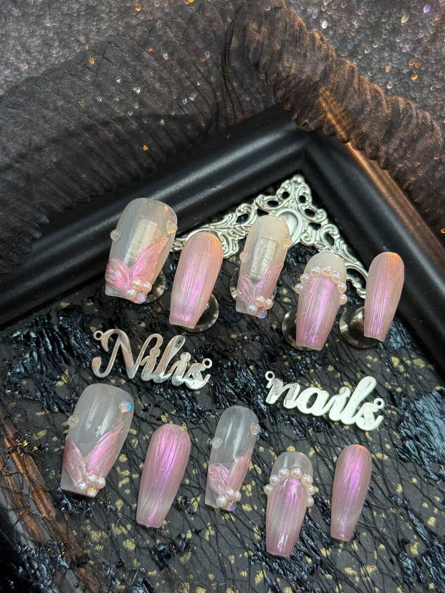 10pcs Coffin Type Handmade Women's Wearable Nail Stickers Fully Covered And Reusable Medium Viscosity, Light Pink Nails, Hand-Painted Pink Purple Aurora Phoenix Tail Texture, 3D White Small Pearls, Y2K Style Nail Art Set,Suitable For Women And Girls,Festivals,Daily,Party,Gatherings And OtherPlaces Use(Includes: A Piece Of Jelly Glue And A Friction Strip) Nail Stuff