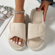 Women's Strap Hook And Loop Flat Non-Slip Wear-Resistant Solid Color Open Toe Low Heel Fluffy Faux Fur Slippers, Comfortable Home Wear - Apricot - View 9