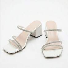 宽楦女士优雅露趾踝带水钻装饰粗跟套脚高跟凉鞋，适合约会、派对、婚礼、情人节等场合。 - 白色 - 查看 5