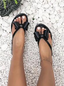 Women's Double-Layer Bow Flip Flops, Vacation Style Black Flat Slippers For Summer - Black - View 2