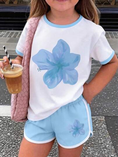 Set de 2 piezas de top de manga corta y shorts con estampado floral de dibujos animados para niñas, uso casual diario para verano