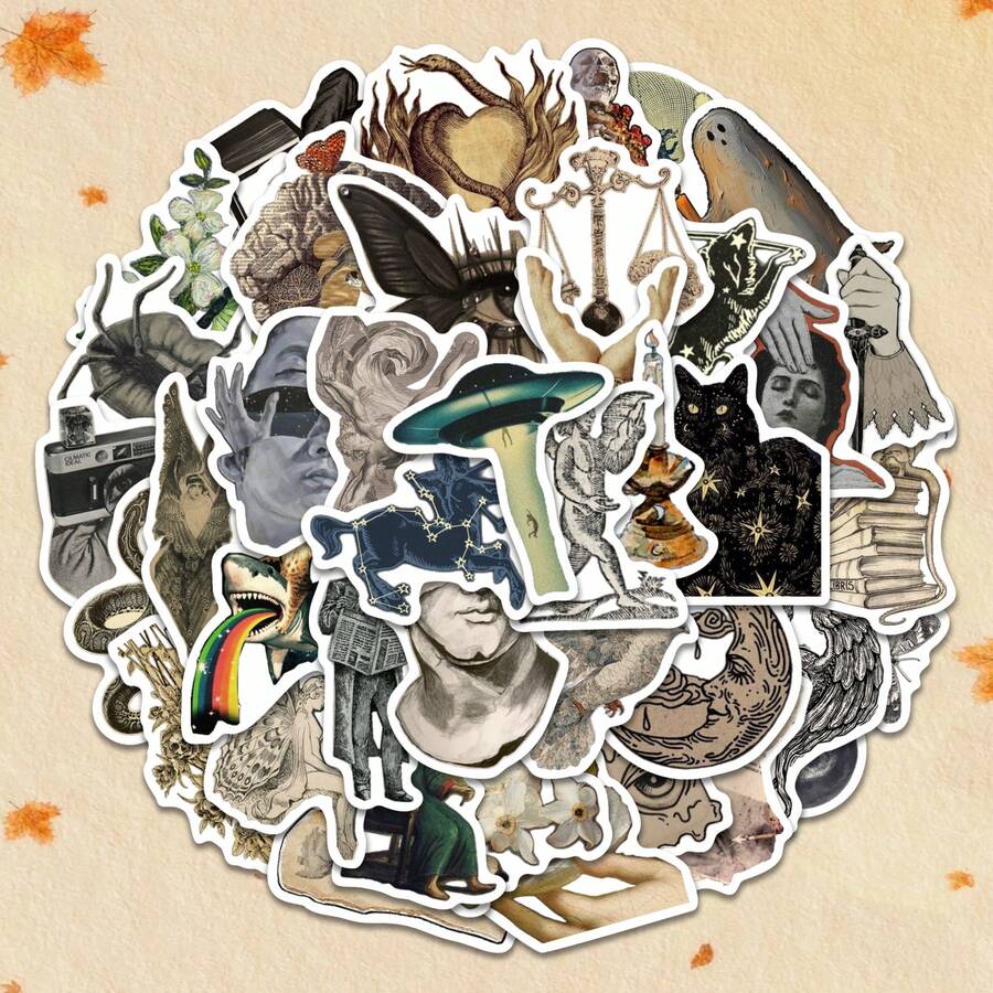 52张暗黑复古奇幻疗愈贴纸套装 | 前卫乙烯基贴纸,融合神话与超现实设计 | 适用于笔记本电脑、日记本及礼品 | 适合神秘学和艺术爱好者 - 異形 - 查看 1