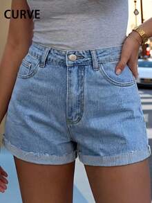 Plus Size Women Casual Loose Cuffed Hem Light Wash Denim Shorts, Versatile For Summer - Light Wash - View 6