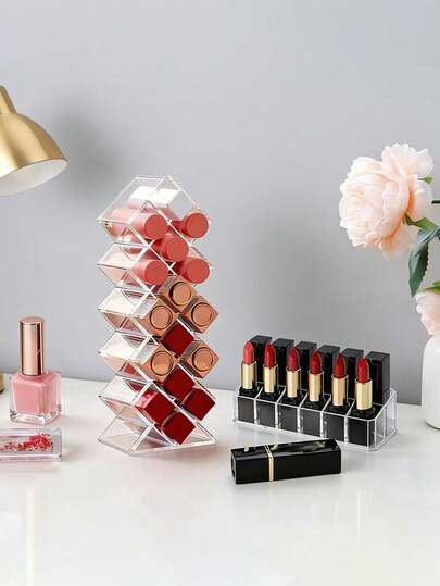 1个16格透明口红收纳盒，多隔层设计，桌面口红唇彩收纳展示架，是美妆爱好者的理想之选