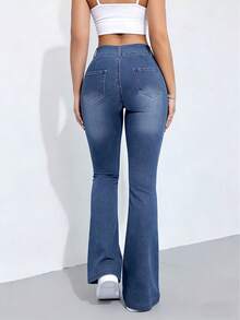 Quần ống loe cạp cao co giãn dành cho nữ, kiểu dáng giả denim, quần dài ngoài trời có túi và cúc giả. - Màu xanh lam - Xem 4