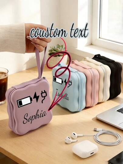 1pc Customized Name Data Cable Storage Bag, Large Capacity Square Wave Design Data Cable Organizer, Suitable For DSLR Camera Charger, Bluetooth Earphones, Portable Travel Digital Accessories, Personalized Gift For Friends, Family, Lovers