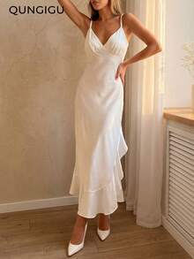 QUNGIGU Women's Elegant White Satin V-Neck Asymmetric Ruffle Hem Maxi Dress, Suitable For Pre-Wedding Parties And Formal Dinners - White - View 3