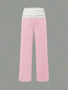 Sunny Girly Summer Y2K Back To School Casual Home Waistline White Pleated Patchwork Straight Pants - Hồng - Xem 4