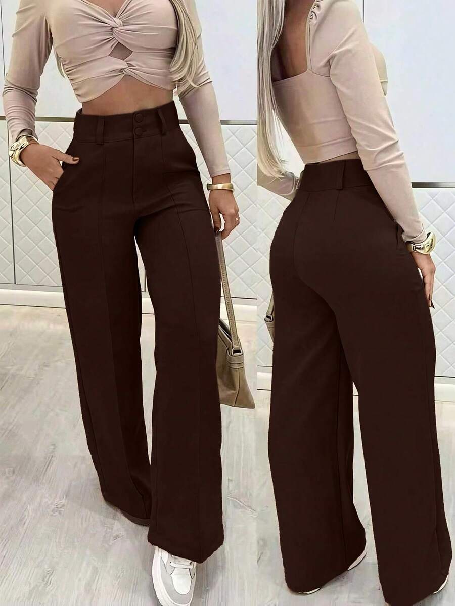 女士纯色高腰休闲百搭日常裤装（春季款） - 咖啡棕 - 查看 1