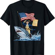 George Washington Riding Shark 4th Of July American Flag T-Shirt - Black - View 1
