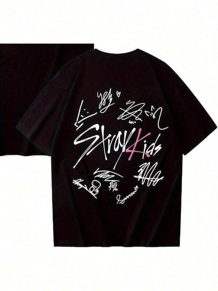 2026 Girl's Boy's Fashionable Casual Tees, New Stray Kpop Maxident Album T-Shirt Unisex, Crew Neck, Casual Style, Black Background With Member Names And Signatures, Perfect For All Seasons, Collectible, Slight Stretch Fabric Young Girl Casual Fashion Creative Personalized Refreshing Minimalist High-Endy Cool Virtual Girl Group Character Graphic Print Comfortable Basic Short T-Shirt, Cozy Fall Styles Suitable For All Seasons Pop Pop Shirt Kids Kid Rock Top Kid Kid Tops Kid Girl Star Shirts, Size 2Y-16Y, S-XXXL, Men Clothing, Tops For Women, Perfect Gift For Back To School And Mother's Day, Can Be Matched With Parent-Child Outfits - 黑色 - 查看 1