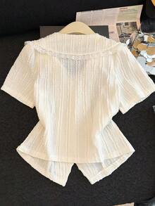 Women's Textured Gold Button Contrast Lace Lapel Short Sleeve Blouse White Summer - White - View 2