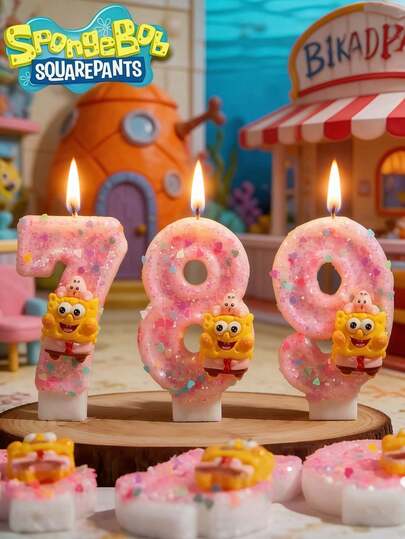 SpongeBob SquarePants 海绵宝宝趣味DIY 0-9数字闪亮生日蜡烛 - 粉色蜡制成，奢华数字蜡烛，营造节日氛围，字母形状数字设计