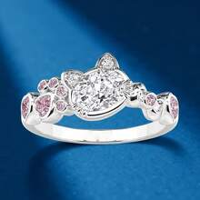 可爱猫咪造型白金镀层粉色锆石戒指，时尚珠宝，女士礼物 - 白金 - 查看 2