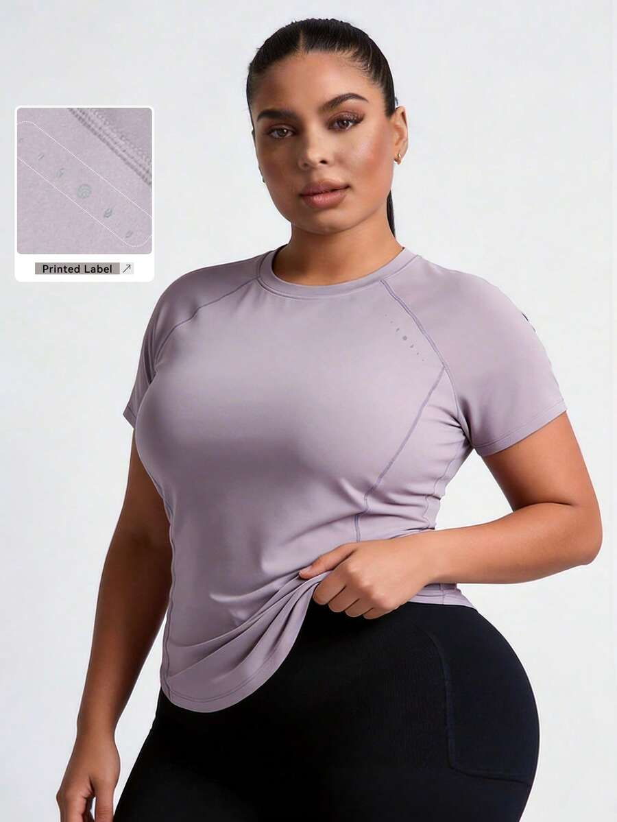 Camiseta deportiva de manga corta y ajuste holgado para mujer talla grande, diseño de cuello redondo y manga raglán, bajo curvo, secado rápido, para uso deportivo y casual diario