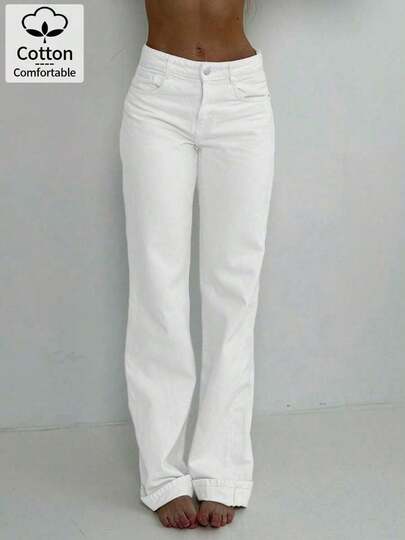 Women's White Straight-Leg Jeans - Slim Fit Casual Versatile Style Spring