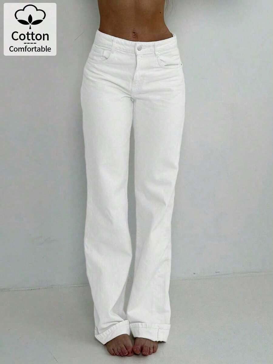 Women's White Straight-Leg Jeans - Slim Fit Casual Versatile Style Spring - Rửa nhẹ - Xem 1