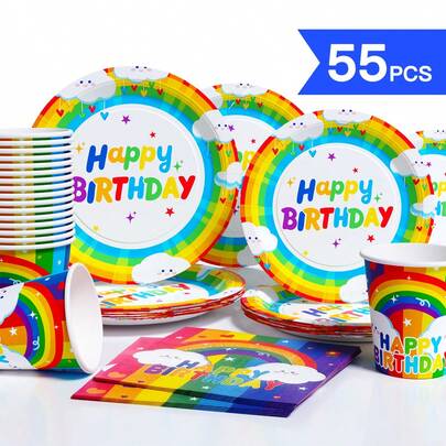 Rainbow Cloud Happy Birthday Disposable Plate, Napkin, Cup Set, Plates, Napkins And Cups Party Supplies, Suitable For 10 Guests, Disposable Paper Plates Party Tableware Suitable For Birthday, Wedding, Party, Family Picnic
