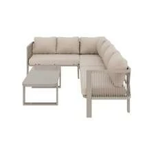 Garden Furniture Set For 6 People, Corner Configuration, Galvanized Steel Tubes, Glass Tabletop, Teslin Rope Weaving, Includes Dining Table, Bench, Chairs And Sofa, Khaki Color. - Khaki - View 8