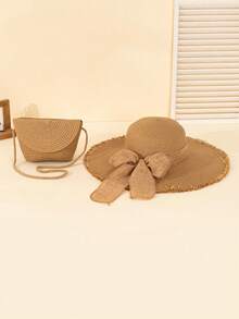 2件套女士卡其色波浪纹沙滩遮阳帽和草编斜挎包，适合海滩度假 - 卡其色 - 查看 3