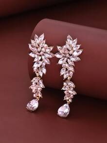 1 Pair Luxury Crystal Leaf & Water Drop Dangle Earrings, Suitable For Women's Wedding, Gala, Performance, Party And Other Occasions - Gold Pink - View 2