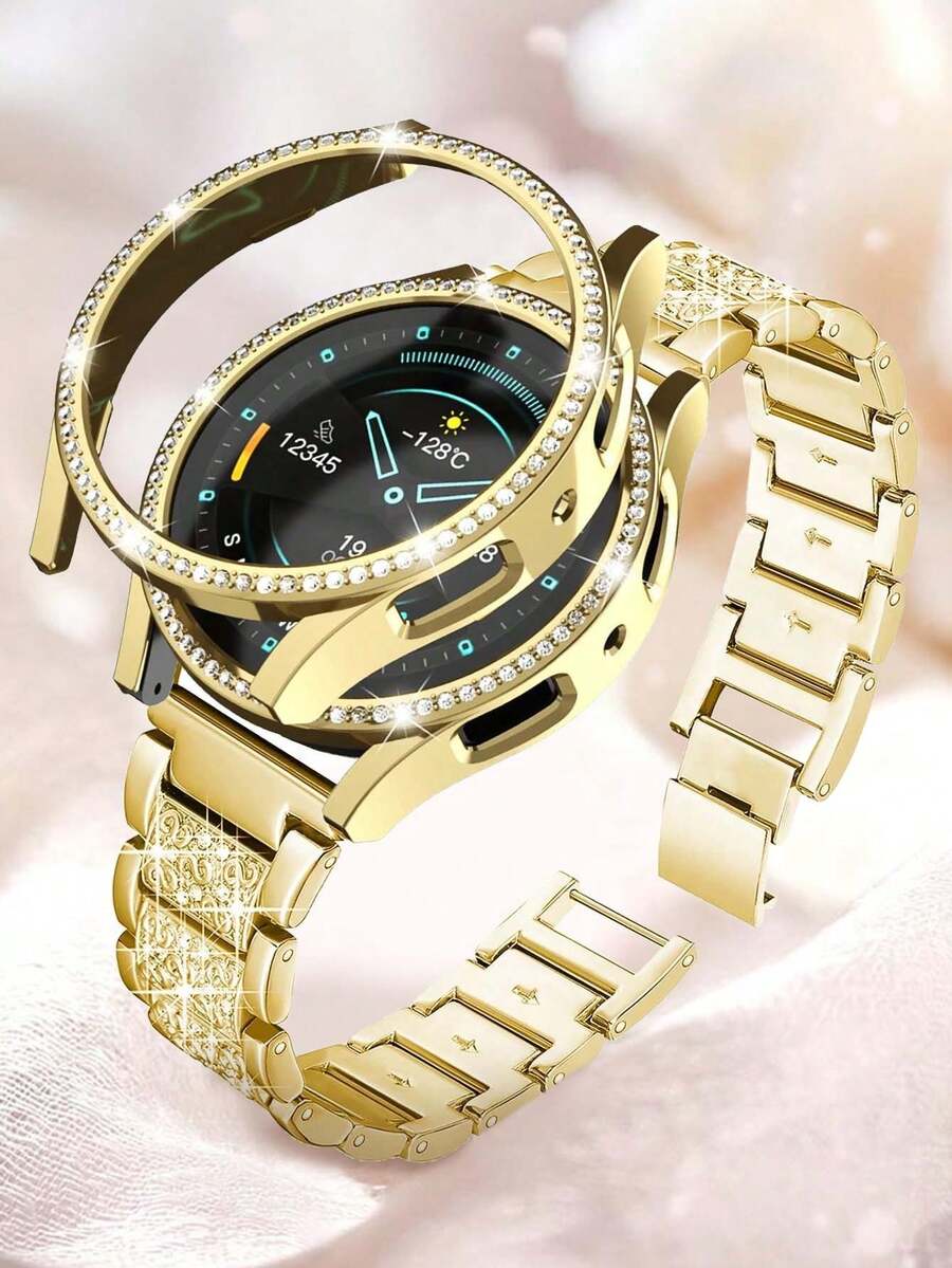 Dây đeo đồng hồ kim loại vàng khảm kim cương sáng bóng + Vỏ bảo vệ chống sốc rỗng PC vàng kim cương sáng bóng, tương thích với Samsung Galaxy Watch 4/5/6/7 Series 40mm/44mm, Bộ dây đeo đồng hồ và vỏ bảo vệ thời trang và thanh lịch