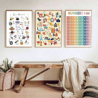 Tranh treo tường bằng vải canvas gồm 1-3 tấm, họa tiết trái cây và động vật đầy màu sắc, tranh in chữ cái chủ đề không gian, tranh nghệ thuật giáo dục – bảng học toán, tranh trang trí tường phòng trẻ em, tranh hướng dẫn giáo dục cho bé.