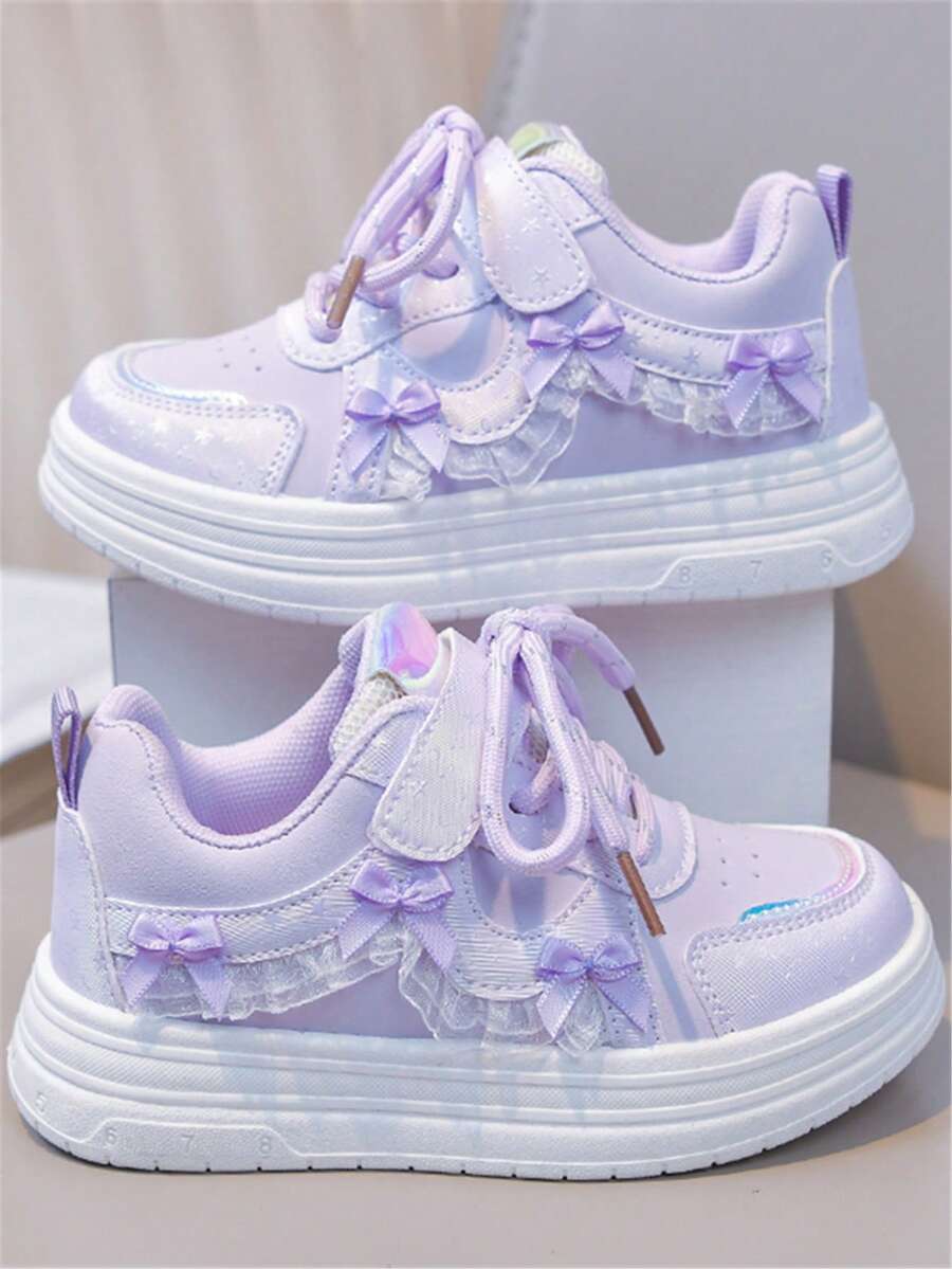 1 Pair Girls' Spring/Autumn New Flat Shoes With Bow Decor, Cute PU Design, Girls' Outdoor Non-Slip Durable Flat Sports Shoes, Suitable For All Seasons, School Style - Purple - View 1