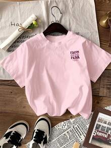 Camiseta de manga corta con cuello redondo y estampado de lema motivacional, de moda casual y versátil para mujer, color rosa - Rosa - Ver 3