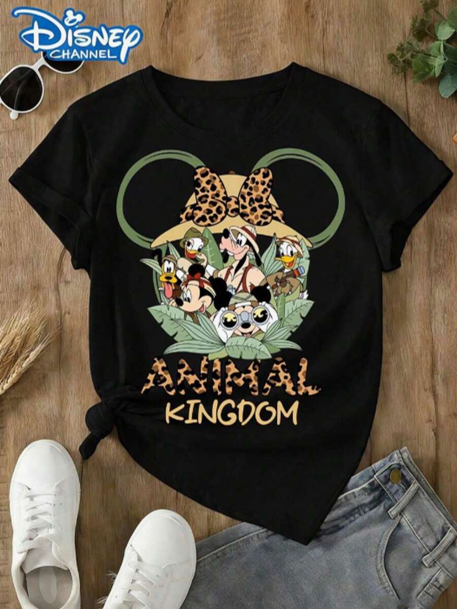 Officially Authorized Disney And Disney Animal Kingdom Leopard Print Minnie Mouse Pattern T-Shirt For Women's Casual Short Sleeved Top, Printed Casual Short Sleeved Top, Women's Casual Oversized Top, Women's Casual Loose Top, Summer Streetwear, Birthday Gift Shirt, Amusement Park Home Matching Shirt, Text Shirt, Retro Style Amusement Park Travel Shirt, Family Vacation Shirt, Casual Loose T-Shirt. Soft And Breathable Fabric Is Suitable For Themed Activities, Made Of Soft, Comfortable, And Durable Materials. Spring And Summer Women's Round Neck T-Shirt Is Perfect For Going Out/Daily Wear/Summer, Shopping, Parties, Traveling, And Gatherings. It Is Also An Exquisite Classic Sportswear And Women's Summer Outfit, With A White Top - 黑色 - 查看 1