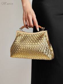 女士复古极简钩编手提包，仿编织纹理，安哥拉红铆钉装饰，褶皱云朵扣手拿包，适合外出、聚会和日常搭配 - 金色 - 查看 1