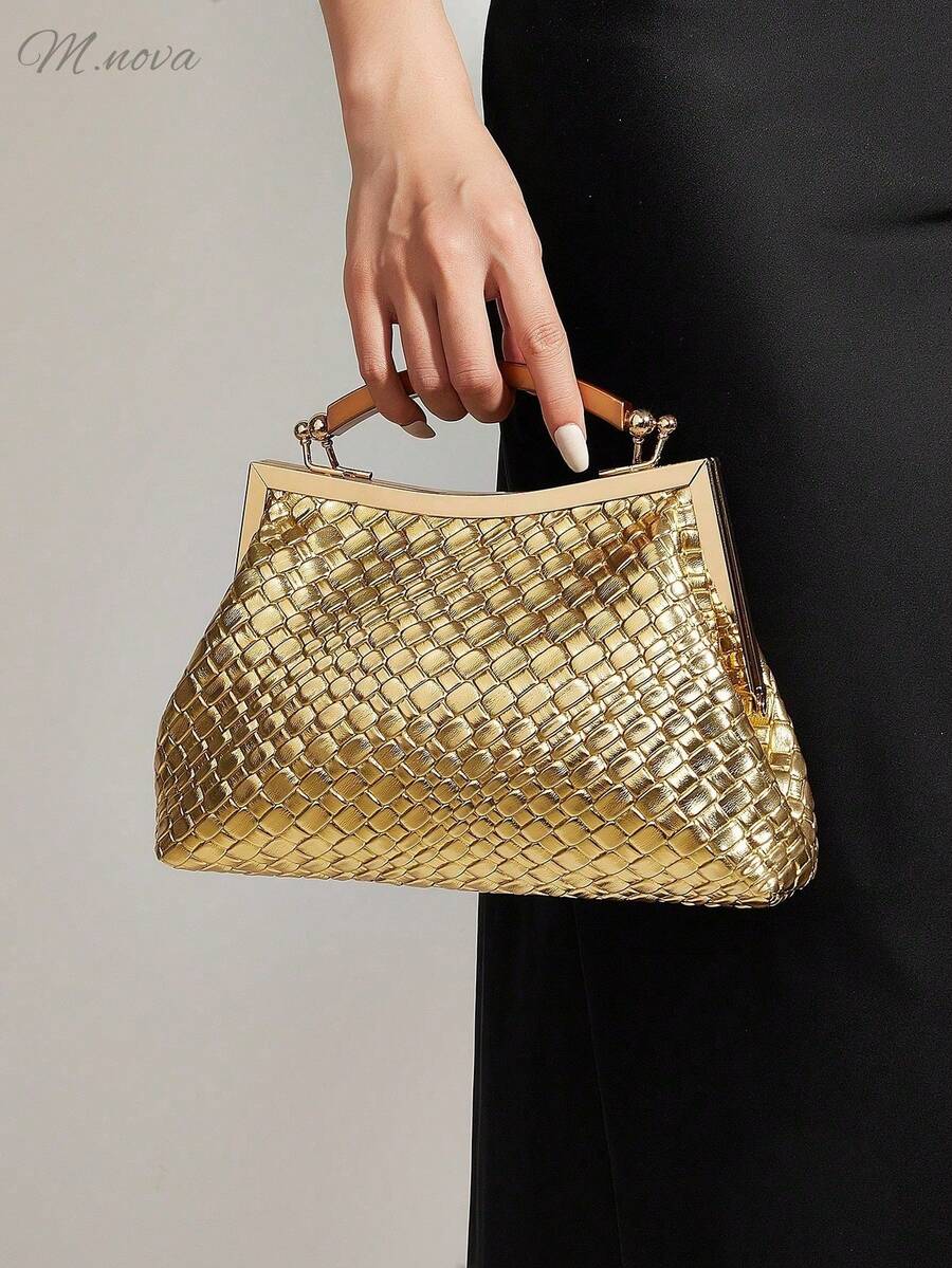 女士复古极简钩编手提包，仿编织纹理，安哥拉红铆钉装饰，褶皱云朵扣手拿包，适合外出、聚会和日常搭配 - 金色 - 查看 1