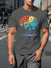 Una camiseta de hombre con una ilustración surrealista de un cerebro derretido - cuello redondo informal, tejido de punto de poliéster, ligeramente elástico, patrón geométrico, corte regular para el verano. - Blanco - Ver 7