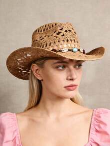 1pc Unisex Spring Summer All Season Solid Color Hollow Out Handmade Woven Straw Panama Hat, Fashionable Beaded Hat Chain Decor Western Cowboy Hat, Vintage Personalized British Style, Straw Hat, Summer Outdoor Breathable Comfortable Sun Hat, Travel Vacation Beach Hat, Daily Outing - Straw Hat - View 3