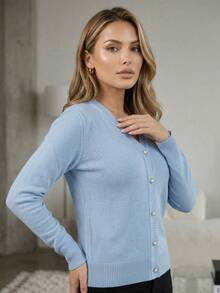 Women's Premium Knit Cardigan, Winter Coat, Pearl Buttons, V-Neck, Elegant - Celeste - Ver 3