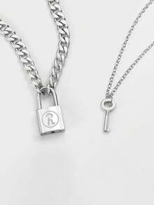 2 piezas de Collar con Candado Estilo Hip Hop de Aleación Plateada Pareja Adecuado para Regalos de Citas - Plateado - Ver 2