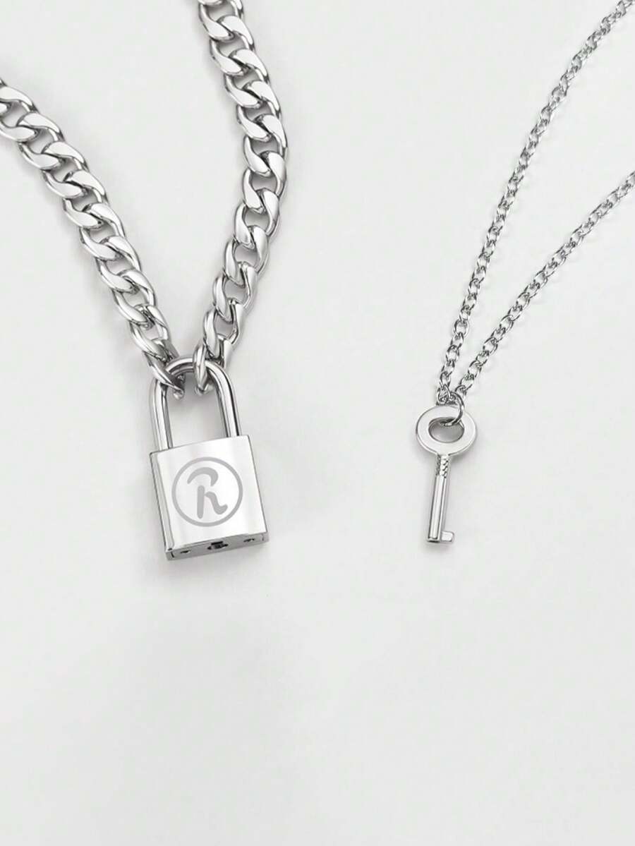 2 piezas de Collar con Candado Estilo Hip Hop de Aleación Plateada Pareja Adecuado para Regalos de Citas