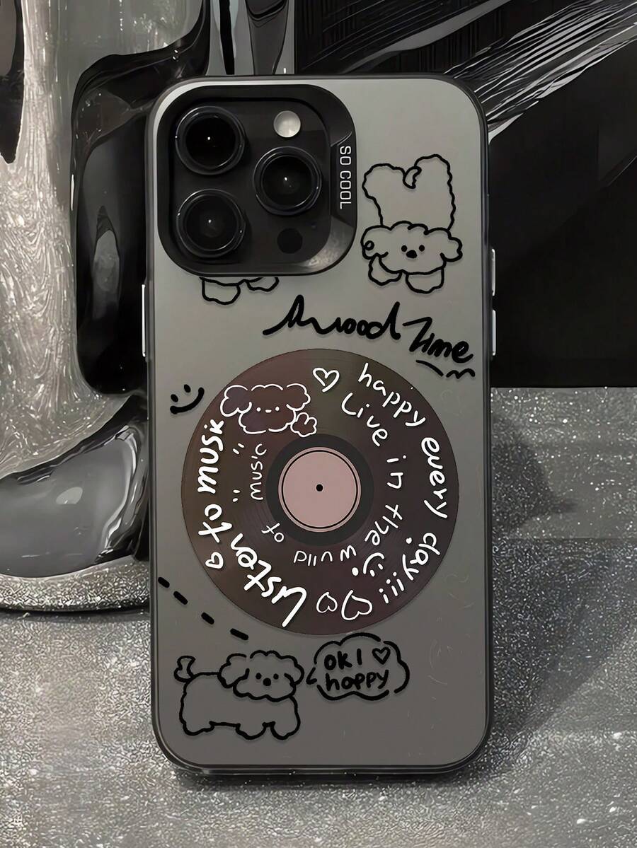 1pc Minimalist Cute Dog Music Player Graphic Design Black & Silver Phone Case, Compatible With IPhone 16/16Pro/16Plus/16ProMax, 11/11Pro/11ProMax, 12/12Pro/12ProMax, 13/13Pro/13ProMax, 14/14Plus/14Pro/14ProMax, 15/15Pro/15Plus/15ProMax - Multicolor - View 1