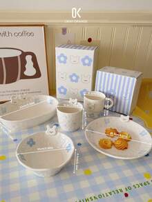 1 pieza Conjunto de vajilla con conejo emocional, que incluye taza, taza con asa, plato, tazón, adecuado para diversas ocasiones, hogar, cocina, comedor, apto para diferentes alimentos, vajilla, vajilla multifuncional, regalo festivo, gran opción de regalo - Multicolor - Ver 2