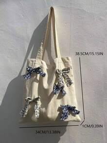 Geantă de umăr cu un singur umăr, design coreean de nișă, stil Ins, cu fundă, sub braț, pentru naveta, ieșiri, cumpărături zilnice, geantă de umăr din pânză răcoritoare pentru femei - alb - Vizualizare 5