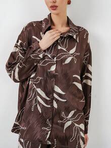 Women's Full Print Long Sleeve Single-Breasted Jacket And Pants Casual Suit - Coffee Brown - View 2