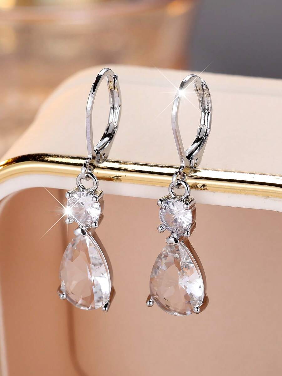 Vanel 1Pair Chic Silvery Pear Cut White Cubic Zirconia Earrings, Double Stone Leverback Earrings, Fashion Jewelry For Women, Elegant Jewelry Gift For Her - Silver-white - View 1