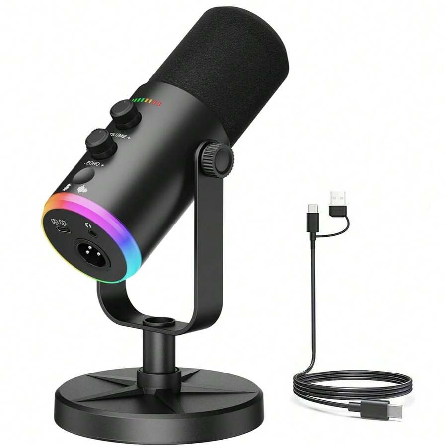 动圈麦克风，USB-C/XLR接口，适用于播客录制、直播、游戏，带RGB灯效、静音按钮、桌面支架、耳机插孔，也可用于唱歌。 - 查看 1