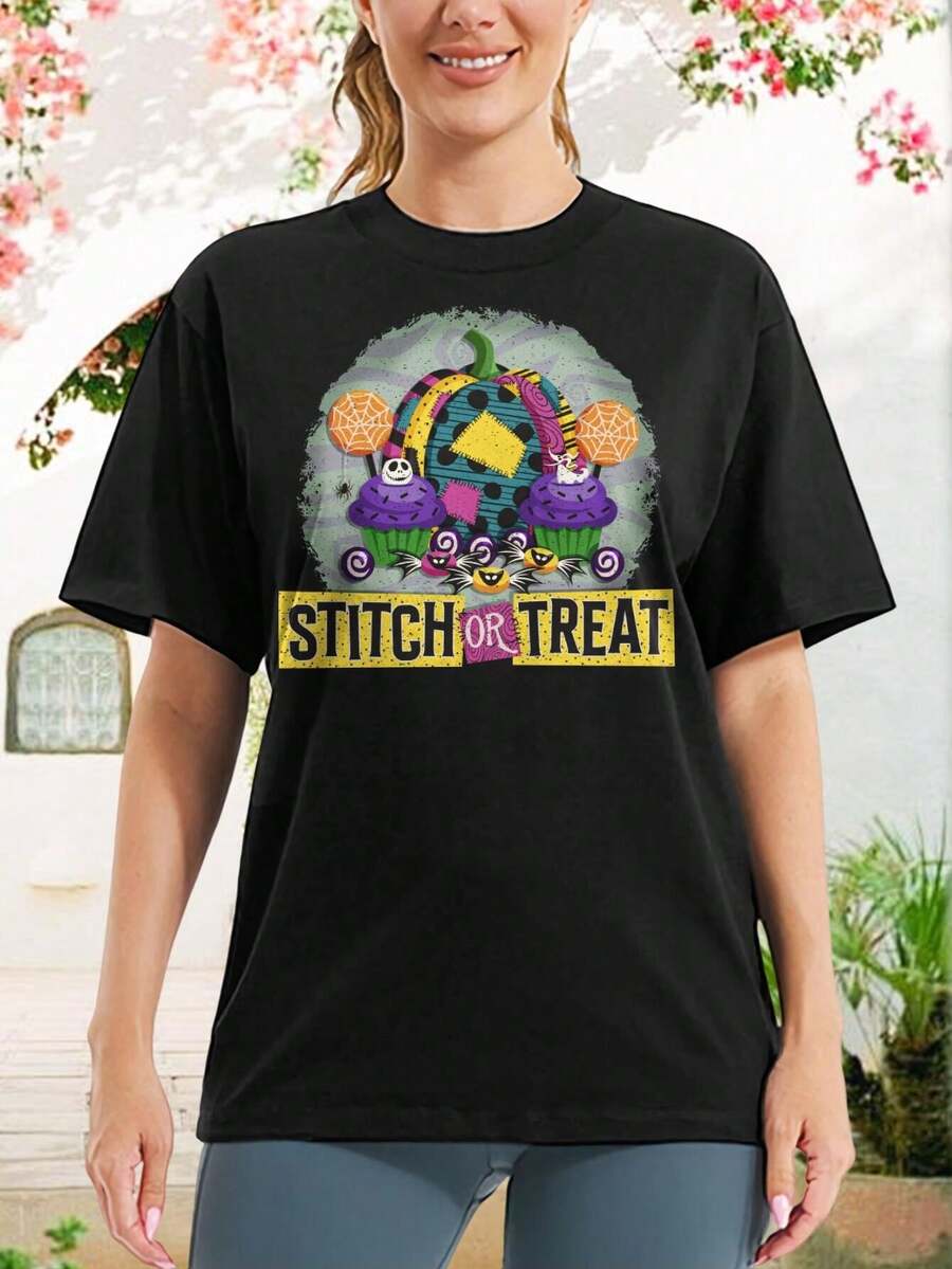 Women's Stitch Or Treat Halloween T-Shirt Disney Pumpkin Nightmare Before Christmas Tim Burton Graphic Tee Fun Apparel - màu đen - Xem 1