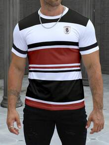 Nuevas  de moda: Camiseta casual a rayas de manga corta con cuello redondo para hombre Manfinity Dauomo, para uso diario. - Multicolor 5 - Ver 4