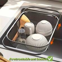 1pc Large Expandable Stainless Steel Water Filter Basket - Adjustable & Foldable Design, Portable Telescopic Rack For Fruits Vegetables, Food- Heavy-Duty Kitchen Essential, Fruit And Vegetable Washer, Easyclean Material - A1 - View 3