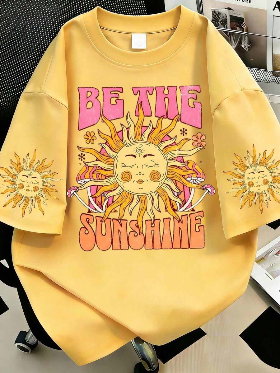 Women's Retro Sunshine Letter Graffiti Print Comfortable Breathable Loose Casual American Hippie Style Short Sleeve T-Shirt, Suitable For Spring Cherry Blossom Season, Outdoor Music Festivals, City Strolls, Park Outings And Light Summer Vacation Wear. - Yellow - View 1