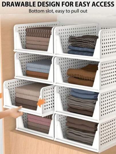 Bộ 1/2/4 giỏ đựng đồ bằng nhựa xếp chồng được, có thể gấp gọn, thích hợp cho tủ quần áo, tủ bếp, đựng thực phẩm, văn phòng, phòng ngủ, phòng tắm, màu trắng. Có thể dùng để đựng nhiều vật dụng khác nhau trong tủ quần áo, và cũng có thể dùng để đựng các vật dụng nhẹ ở nhiều vị trí. Giỏ đựng đồ bằng nhựa xếp chồng được, hộp đựng đồ gấp gọn cho tủ quần áo, bộ 4 giỏ đựng đồ trong ngăn kéo, thích hợp cho tủ quần áo, nhà bếp, phòng tắm, văn phòng, ký túc xá, màu trắng.