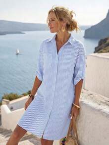 Women's Striped Roll-Tab Sleeve Front Button Shirt Dress For Vacation & Leisure - 藍白色 - 查看 6